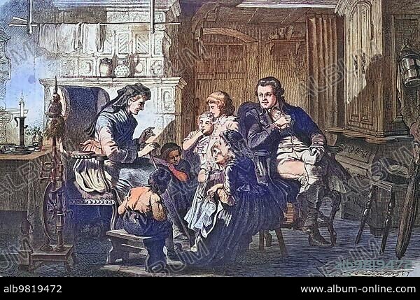 Musaeus collects fairy tales; Johann Karl August Musaeus; 1735; 1787; a German writer; literary critic; schoolman; philologist and collector of fairy tales and both a satirical and popular storyteller of the Enlightenment; historical engraving; 1869; Historical; digitally restored reproduction from a 19th century original; coloured; exact date unknown.