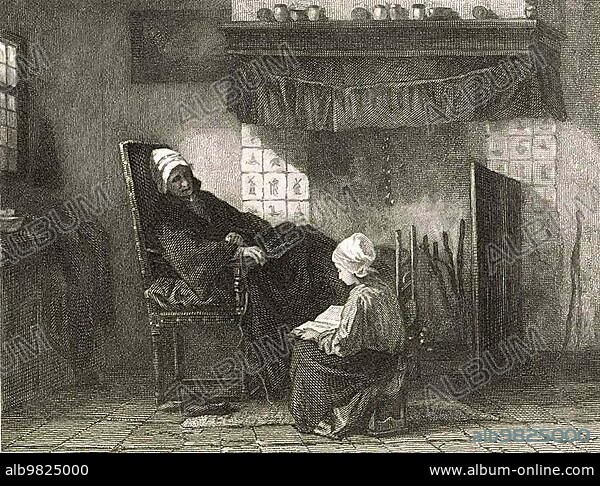 Old woman in an armchair in front of a fireplace; girl reading from a book; 1850; Historic; digitally restored reproduction from a 19th century original.