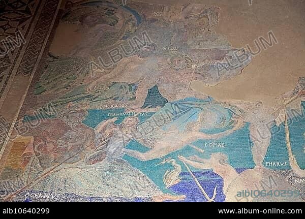 Cosmology mosaic, Casa del Mitreo Roman villa site, Merida, Extremadura, Spain, Europe.