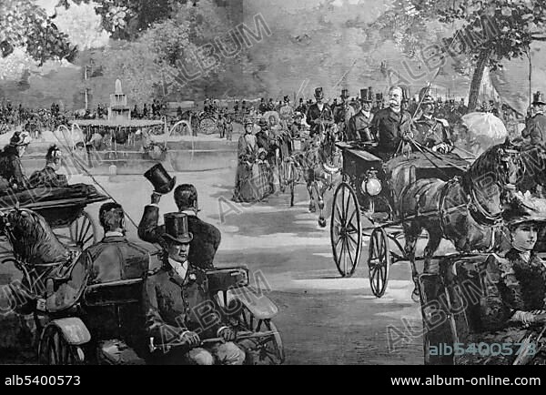 Carriage ride of King Humbert of Italy in the park of Villa Borghese in Rome, Italy, woodcut circa 1871, Europe.