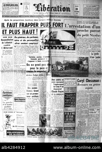 Algerian War of Independence, Front page of the newspaper "Libération". Algeria. October 20, 1959. Photo Henri Douzon.