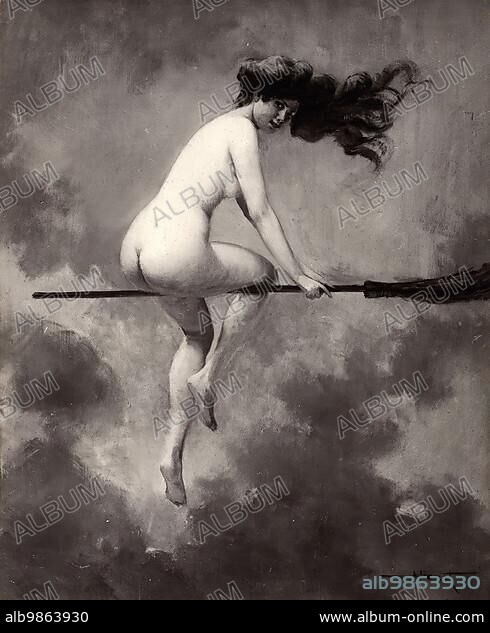 Naked witch with long black hair, departing for the witches' sabbath with her broom, Historic, digitally restored reproduction from an original of the time.