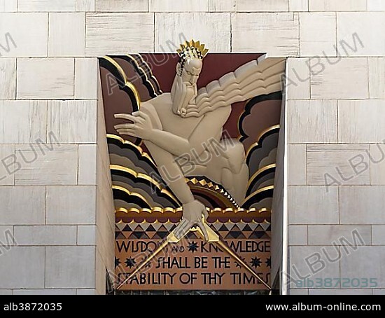 Art Deco sculpture Wisdom and Knowledge at entrance to 30 Rockefeller Plaza, Comcast Building, Rockefeller Center, New York, USA, North America.