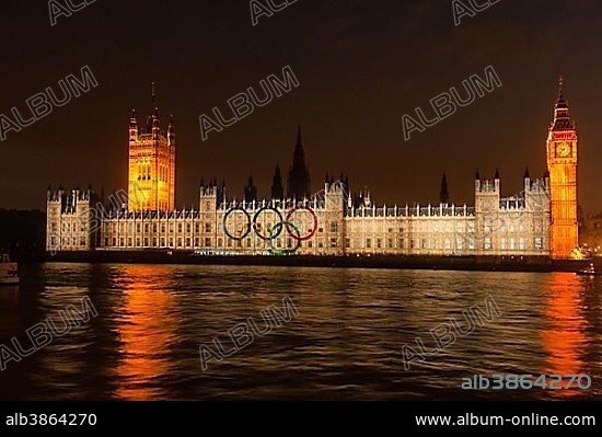 Olympic rings, projection on the facade, Houses of Parliament, Big Ben, Olympic Games 2012, Unesco World Heritage Site, London, England, United Kingdom, Europe.