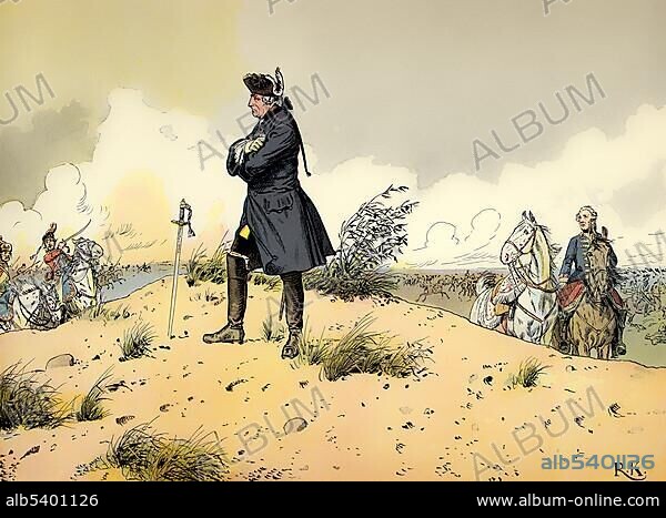 The Battle of Kunersdorf on 12 August 1759 in the Seven Years' War, Frederick II or Frederick the Great, 1712 - 1786, King of Prussia and Elector of Brandenburg from the royal house of Hohenzollern, historical painting from the 19th century.