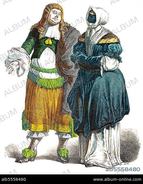 Münchener Bilderbogen, Costumes, Netherlands, early 17th century, Dutch bourgeois traditional costume, man, woman, robe, portrait, coloured historical illustration 1890.