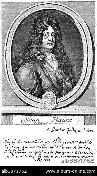 Historical print from the 19th century, portrait of Jean Baptiste Racine, 1639 - 1699, an author of the French classicism.