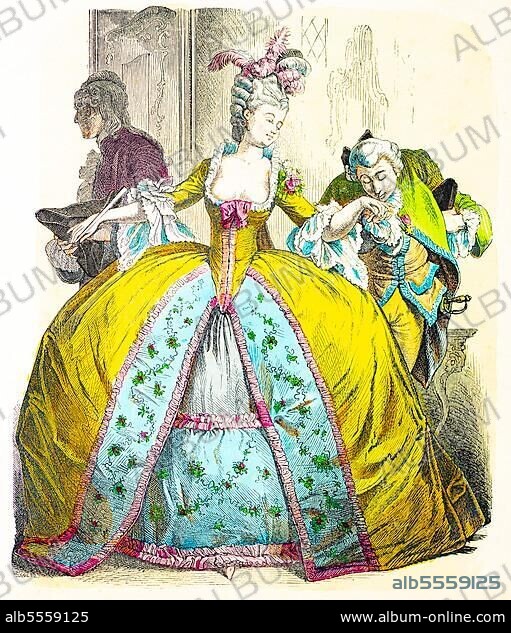 Münchener Bilderbogen, Kostüme, Mitte 18. Jahrhundert, Dame im Reifrock, Männer, Handkuss, Federn, Deutschland, drei Personen, Porträt, historische Illustration 1890.