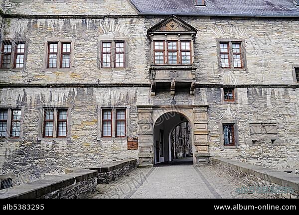 Gate, entrance, Wewelsburg, triangular castle, former Nazi cult and terror center of the SS, today historical museum, hostel, Bueren, Paderborn, North Rhine-Westphalia, Germany, Europe.