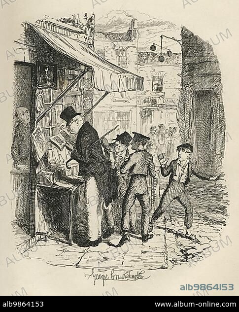 Oliver amazed at the Dodgers mode of going to work. 19th century illustration from Charles Dickens Oliver Twist. Illustration by George Cruishank (1792-1878).
