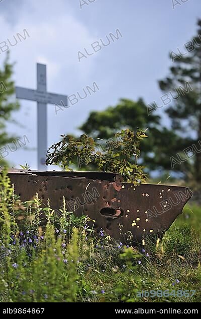 Bullet holes in iron turret from trench at the First World War battlefield Le Linge at Orbey, Alsace, France, Europe.
