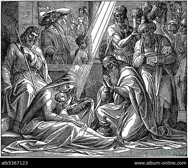 Woodcut, Worship of the Wise, The Three Magi, The Three Wise Men, 2, 1, New Testament, Catholic Picture-Bible.