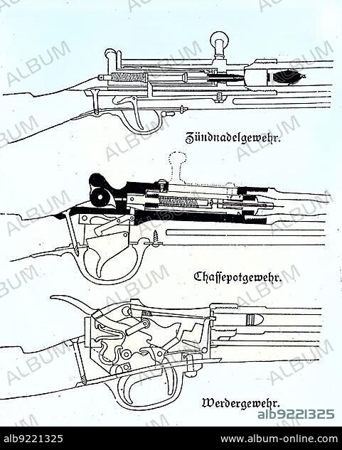 Weapons in the Franco-Prussian War, The Dreyse needle rifle, which is a military breech-loading rifle, famous as the main infantry weapon of the Prussians, who took it into service in 1841 as the light percussion rifle model 1841, Light percussion rifle model 1841. The Chassepot, officially known as the Fusil modele 1866, which is a repeating rifle with breech-loader. The Bavarian Werdergewehr M, 1869 was the first German breech-loading rifle with a metal cartridge and a central ignition, situation.