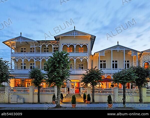 Typical architecture on Wilhelm Street, Sellin, beach resort town, Ruegen, Germany, Europe.