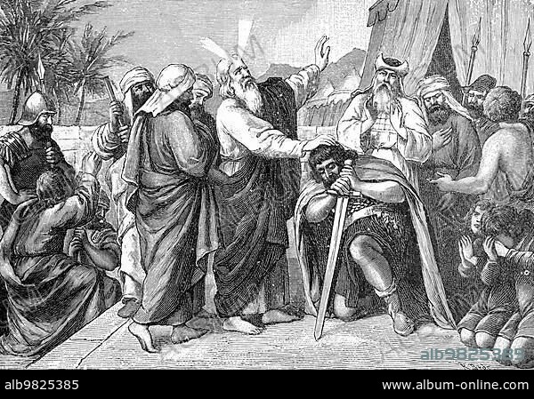 Joshua becomes leader of the people; Fifth Book of Moses; verses 14-23; Old Testament; Bible; group; tent; outdoor; Moses; God; Children of Israel; Joshua; historical illustration 1890.