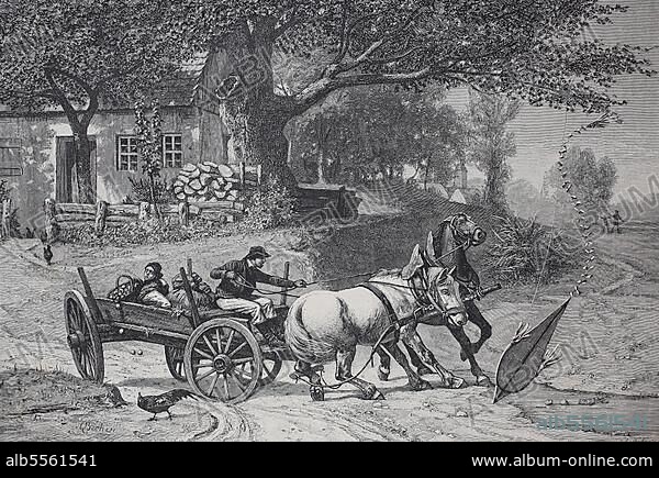 Kutschpferde scheuen vor einem Spielzeugdrachen, 1886, History, digitale Reproduktion einer Originalvorlage aus dem 19. Jahrhundert.