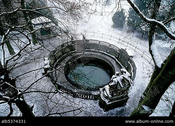 Well at the so-called source of the Danube River in winter, Schlosspark, Donaueschingen, Baden-Wuerttemberg, Germany, Europe.