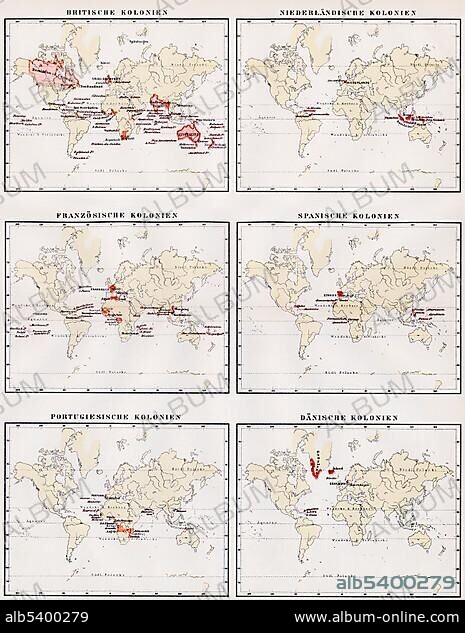 Historic illustration, world maps showing the colonies of Great Britain, Netherlands, France, Spain, Portugal and Denmark, 19th century, Meyers Konversations-Lexikon encyclopedia, 1889, Europe.