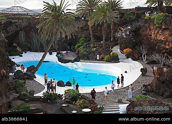 CÉSAR MANRIQUE. Swimming pool in lava cave, art and culture centre Jameos del Agua, built by artist César Manrique, Lanzarote, Canary Islands, Spain, Europe.