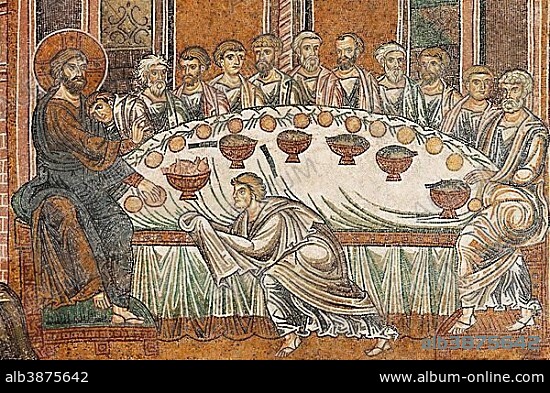 Jesus and his disciples during the Last Supper, Byzantine gold ground mosaics, Cathedral of Santa Maria Nuova, Monreale Cathedral, Monreale, Province of Palermo, Sicily, Italy, Europe.