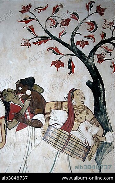 Buddhism, ancient wall painting, bare-breasted woman playing tabla drum, Mulgirigala Temple, Mulkirigala, Ceylon, Sri Lanka, South Asia, Asia.