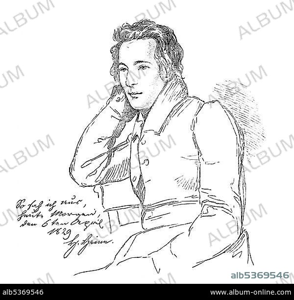 Portrait of Heinrich Heine at age 29, drawn by Franz Kugler, historic illustration from History of German Literature from 1885.