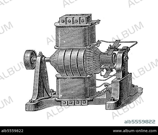 Elektrische Generatoren im 19. Jahrhundert, Siemens, aus dem Jahre 1873, digital restaurierte Reproduktion einer Originalvorlage aus dem 19. Jahrhundert.