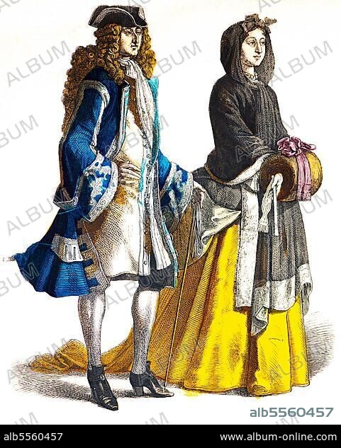 Münchener Bilderbogen, Kostüme, Beginn 18. Jahrhundert, Deutscher Herr und Dame, Deutschland, Robe, zwei Personen, Porträt, historische Illustration 1890.