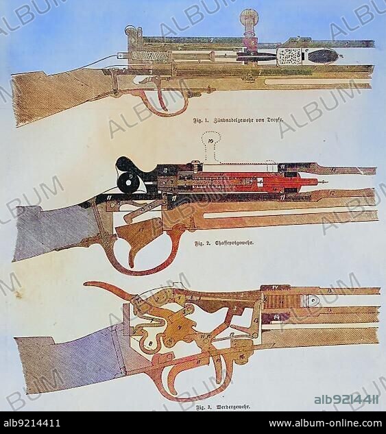 Dreyse needle-gun, Chassepot or fusil modele 1866 and a Werder rifle, illustrated war history, German, French war 1870-1871, Germany, France, Gewhre 1870, von oben Zündnadelgewehr, Chassepotgewehr, Werdergewehr, illustrated war chronicle 1870, 1871, German, French campaign, Germany, France, Rifles 1870, Europe.
