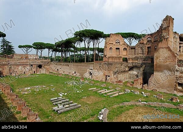 Palatine Hill, Stadio Palatino in the Domus Augustana part of the Palace of Domitian, Palazzo di Domiziano, ancient Rome, Rome, Lazio, Italy, Europe.