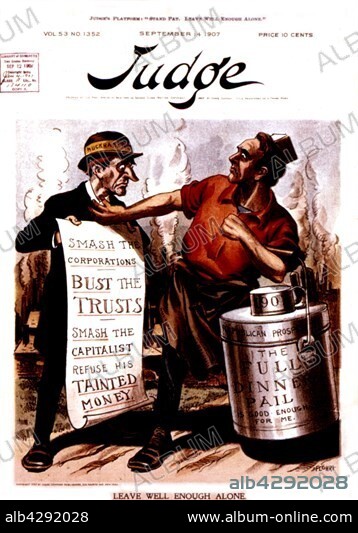 Satirical cartoon in 'Judge' about a journalist named Muckraker and his campaign against trusts and capitalists . 1907. United States. Washington. Library of Congress.