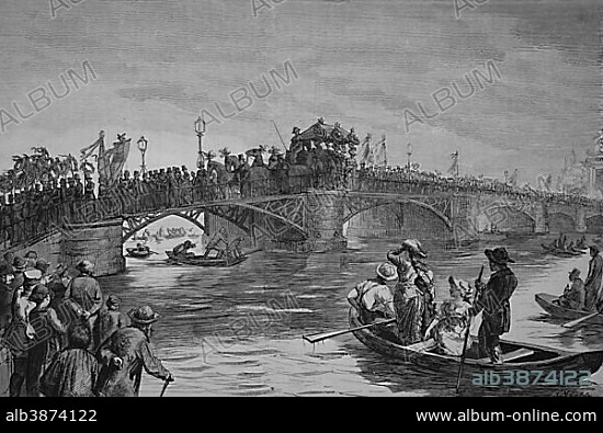 Funeral procession of Hermann Schulze-Delitzsch, actually Franz Hermann Schulze, 1808 - 1883, a German politician and the founder of the German cooperative system, on the long bridge in Potsdam, Brandenburg, Germany, historical engraving, 1883, Europe.