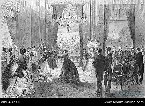 Visit of Empress Eugenie de Montijo, Maria Eugenia Ignacia Agustina de Palafox Portocarrero de Guzman y Kirkpatrick with Queen Victoria of England, Hotel of the English Embassy, Historic, digitally restored reproduction of a 19th century original, exact original date unknown.