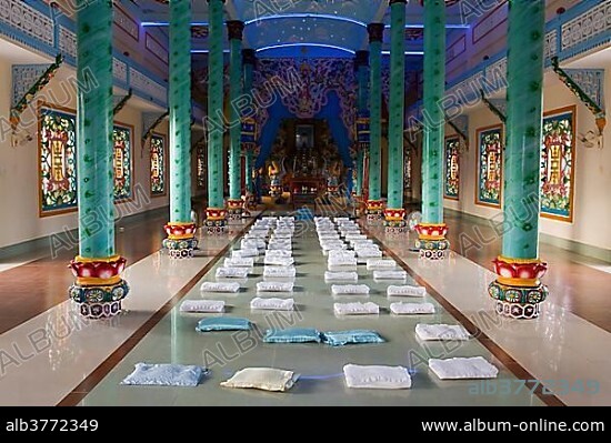 Portico and altar in the sanctuary inside the Cao Dai Temple, Tay Ninh, Vietnam, Asia.