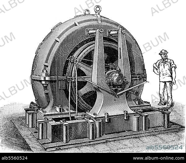 Elektrische Generatoren im 19. Jahrhundert, Modell für Elektrizitätswerke von Schnuckert & Co, digital restaurierte Reproduktion einer Originalvorlage aus dem 19. Jahrhundert.