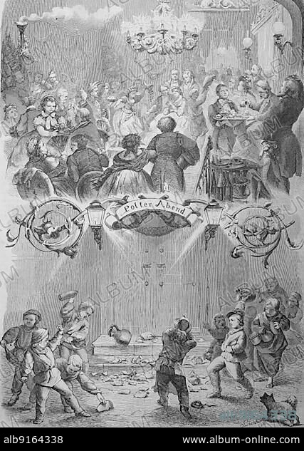 Polterabend is a German wedding custom in which guests smash china the night in front of the wedding to bring good luck to the couple, here in Hamburg, Germany, Historic, digitally restored reproduction of a 19th century original, exact original date unknown, Europe.