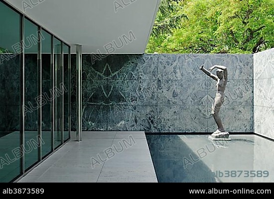 Sculpture in a water pool, Barcelona Pavilion, reconstructed German Pavilion for the 1929 Barcelona International Exposition, by architect Ludwig Mies van der Rohe, Montjuic, Barcelona, Catalonia, Spain, Europe.