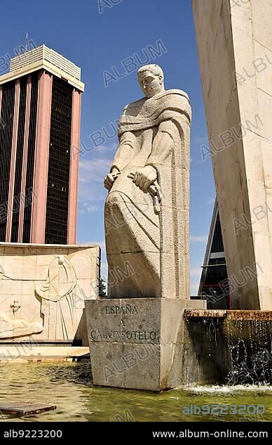 Monument to José Calvo Sotelo in front of Kio Towers, Torres Kio or Puerta de Europa, Plaza Castilla, Madrid, Spain, Iberian Peninsula, Europe.