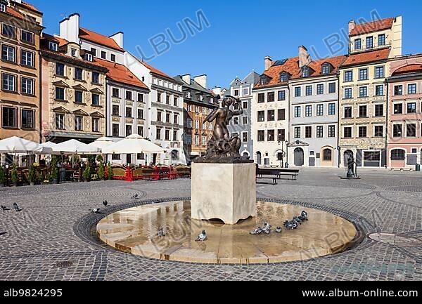 Old Town Square in Warsaw; Poland; The Mermaid Statue called Syrenka; historic city center rebuild after the World War II; Europe.