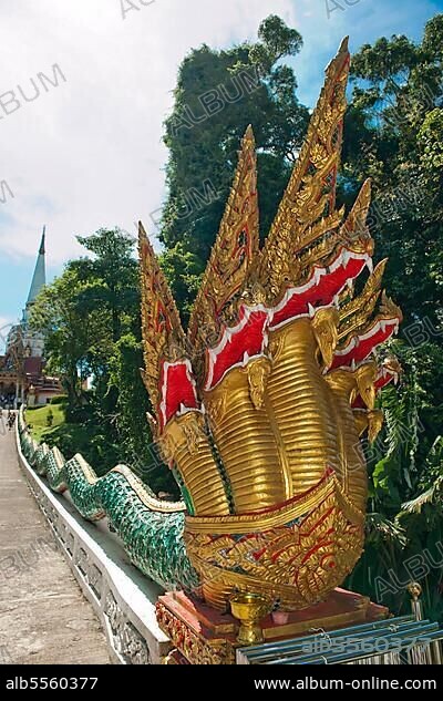 Naga statue, multi-headed king cobra, snake deity, Wat Bang Riang, Buddhist temple, Thap Put, Amphoe hap Put, Phang Nga province, Thailand, Southeast Asia, Asia.