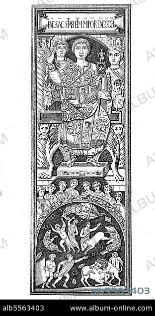 Stiliko in konsularischer Festbekleidung, Darstellung auf einem Diptychon, einem geschnitzten Deckel aus Elfenbein der als Einladung unter Konsulen zu den Spielen verwendet wird, Historisch, digital restaurierte Reproduktion einer Originalvorlage aus dem 19. Jahrhundert, genaues Originaldatum nicht bekannt.