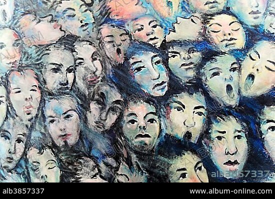 Mural, Es geschah im 1990, crowds of people breaking through Berlin Wall, detail, Fall of the Berlin Wall, artist Kani Alavi, Berlin Wall, East Side Gallery, Berlin, Germany, Europe.