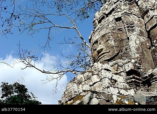 One of the many Buddha faces at the Bayon, Angkor Thom, near Angkor Wat, Siem Reap, Cambodia, Southeast Asia, Asia.