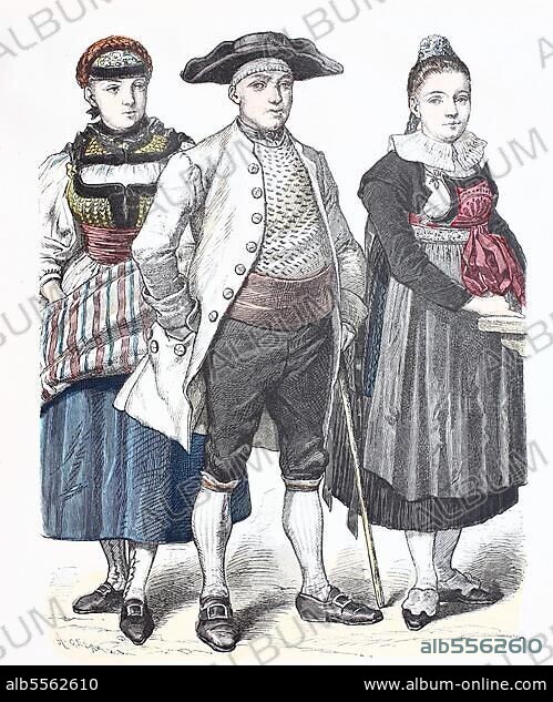 Folk traditional costume, clothing, history of costumes, garments from Switzerland, Bern, 1780, Historic, digitally restored reproduction of a 19th century original, exact date unknown.