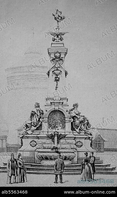 Der traditionelle Kunstbrunnen am Plärrer in Nürnberg, Bayern, Deutschland, Historisch, digital restaurierte Reproduktion einer Originalvorlage aus dem 19. Jahrhundert.