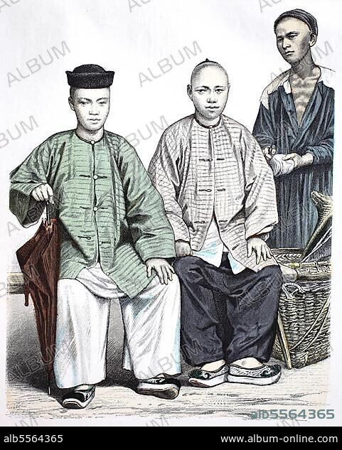 Folk traditional costume, clothing, history of costumes, Chinese babas from the Strait Settlements and Chinese cobbler from Singapore, China, 1880, digitally restored reproduction of a 19th century original, exact date unknown, Asia.