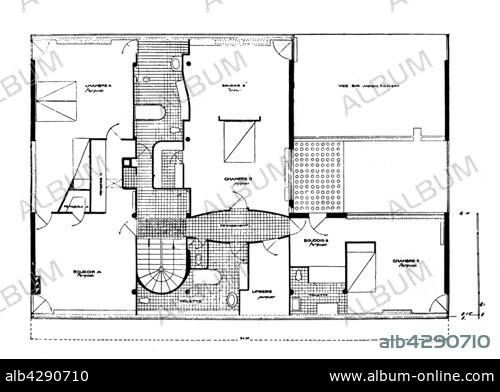 Villa in Garches, France, blueprint of the 2nd floor. Le Corbusier. 20th century. Private Collection. La Fondation, légataire universel Le Corbusier, est titulaire du droit moral et du droit patrimonial attachés à l'ensemble œuvres de Le Corbusier. Toute reproduction de bâtiments, d'œuvres plastiques, de meubles et de textes doit par conséquent faire l'objet d'une demande préalable auprès de la Fondation et de l'ADAGP (société des auteurs dans arts graphiques et plastiques) à qui la Fondation a confié la gestion de ses droits de propriété intellectuelle. Toute reproduction documents doit être obligatoirement accompagnée de la mention © FLC-ADAGP.. These photographic works are protected by legislation concerning literary and artistic property in all countries. Royalties are handled by ADAGP. To publish or diffuse these photographs, you must imperatively obtain the authorization of ADAGP or its correspondents abroad and to pay corresponding royalties. If you download this image in high definition, your postal address, telephone number and e-mail address will automatically be forwarded to ADAGP.. ADAGP - 11,rue Berryer - Paris. Tel. : (33) 1 43 59 09 79. Fax : (33) 1 45 63 44 89. E-mail : adagp@adagp.fr. Web : http://www.adagp.fr.