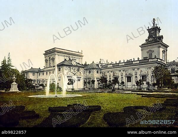 Wilanow Palace; built from 1677 to 1679 by Augustyn Wincenty Locci by order of King Jan III Sobieski at the southern end of the Warsaw Royal Road in the Wilanow district; Warsaw; Poland; c. 1890; Historical; digitally enhanced reproduction of a photochrome print from 1895; Europe.