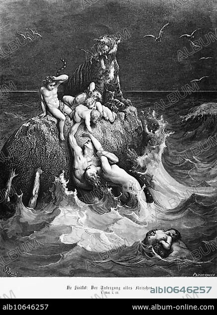 Bible, the flood of sin or deluge, the downfall of all flesh, Genesis, 7, 21, Moses, Old Testament, sin, naked crowd, flood, high waves, drowning, God's punishment, fear, flee, sea, rock, birds, dark sky, historical illustration 1885.
