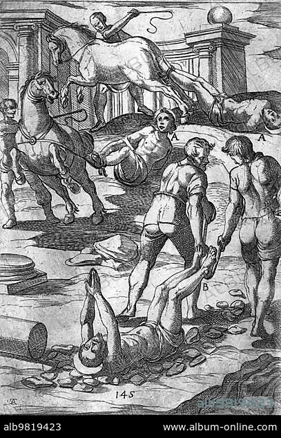 Torture; pulling by horses; the victims are pulled naked by a horse through the streets; Historical; digitally restored reproduction from a 19th century original.